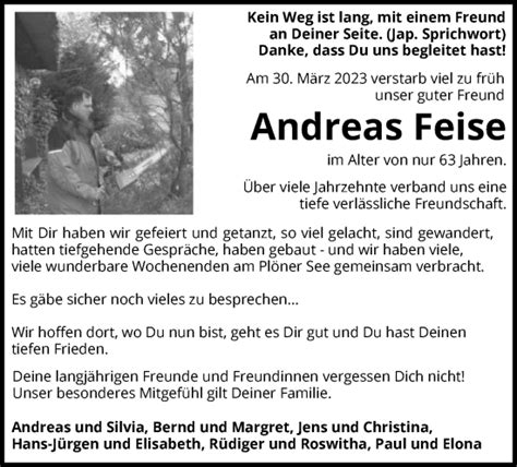 Traueranzeigen Von Andreas Feise Trauer HNA De