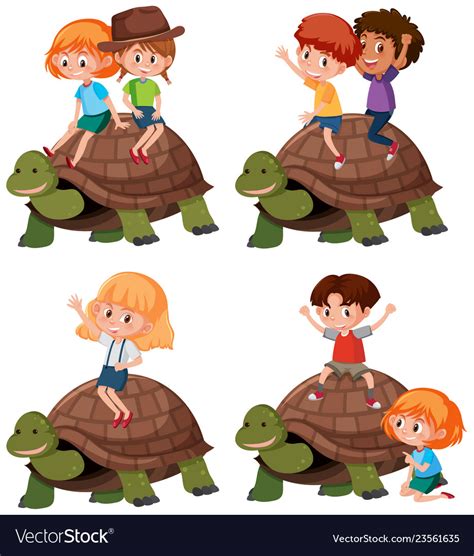 Set Of Kid Riding Turtle Royalty Free Vector Image