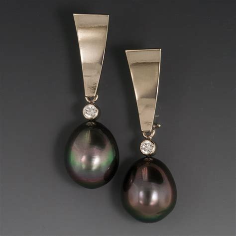 K White Gold Black Tahitian Pearl Diamond Drop Earrings