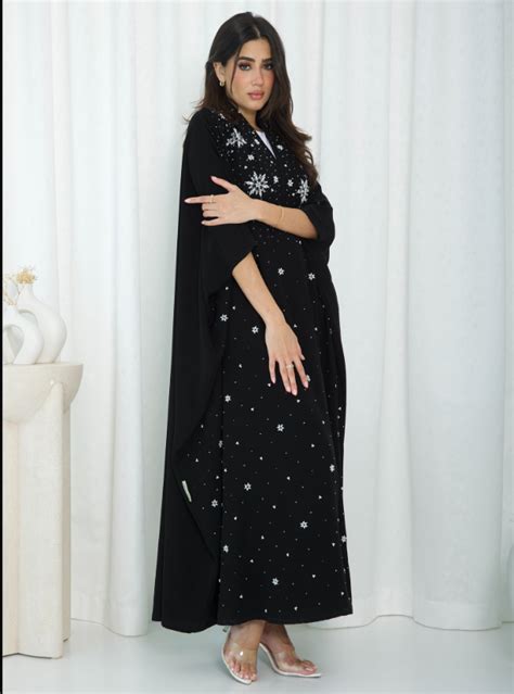 She Crepe Fabric Abaya With Handwork In Front Plain Shiela Is