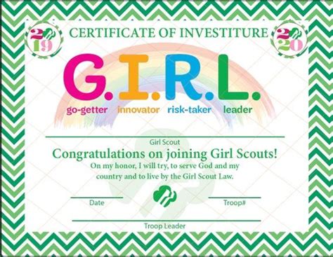 2019 2020 Editable Investiture Certificate All Levels Girl Scouts