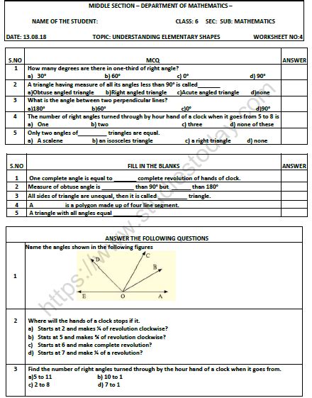 Cbse Class 6 Mathematics Understanding Elementary Shapes Worksheet