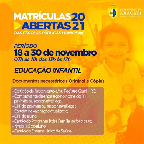 Estão Abertas As Matrículas Da Rede Municipal De Ensino De Aracati Para