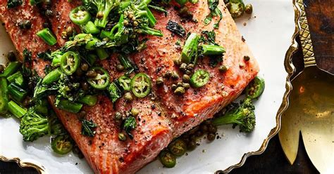 Bobby Flay S Slow Cooked Salmon With Broccolini Capers Serrano