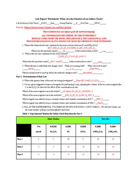 Rates Of Chemical Reactions A Clock Reaction Lab Report 4
