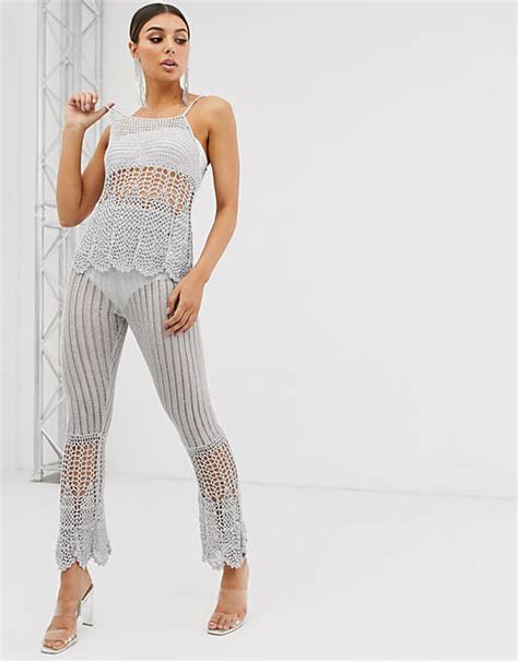 Asos Design Co Ord Crochet High Waisted Flares In Metallic Yarn Asos