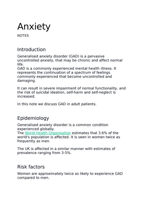 Anxiety Disorder Anxiety Notes Introduction Generalised Anxiety