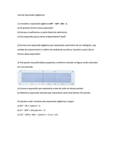 Exercícios de Expressões Algébricas | PDF