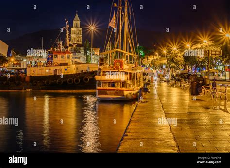 Night view at town Split sea port in Croatia, Europe Stock Photo - Alamy