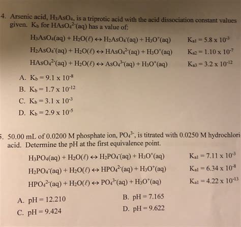 Solved 4. Arsenic acid, H3AsO4, is a triprotic acid with the | Chegg.com