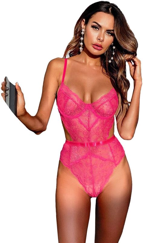 Floerns Women S Deep V Lace Bodysuit One Piece Teddy Lingerie Hot Pink