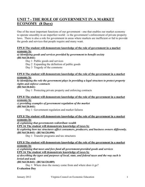 Unit 7 The Role Of Government In A Market Economy 8 Days