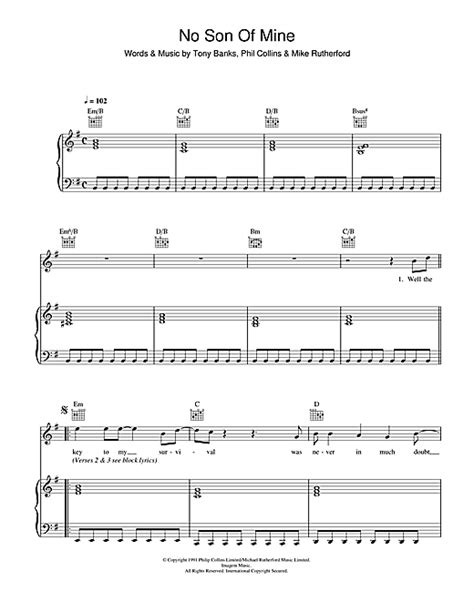 Genesis "No Son Of Mine" Sheet Music for Piano, Vocal & Guitar ...