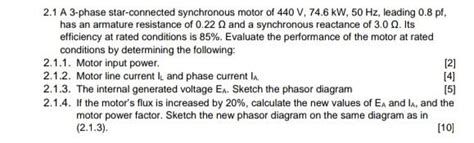 Solved 21 A 3 Phase Star Connected Synchronous Motor Of 440