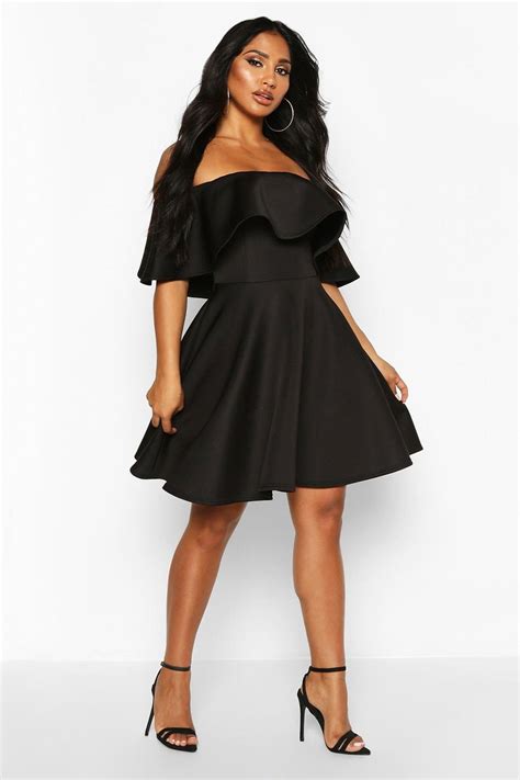 Bonded Scuba Off The Shoulder Frill Skater Dress