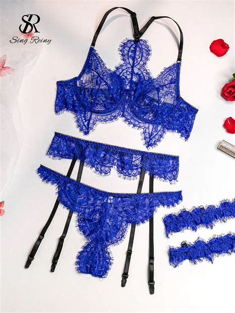 SINGREINY Lace Sensual Halter Sheer Underwear Suits Solid Skinny Backless Lingerie Women Erotic