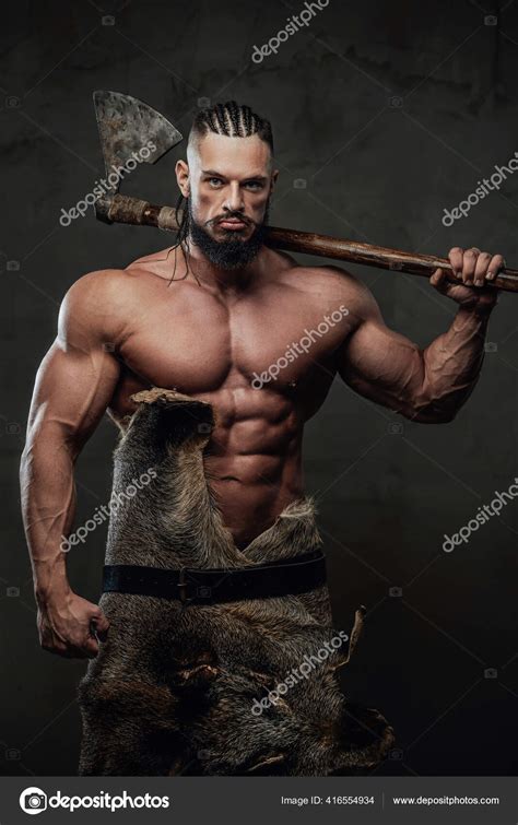 Viking With Huge Biceps And Naked Torso Posing With Axe Stock Photo By