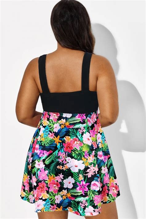 V Neck Tropical Floral Print Tie Front Swimdress Meet Curve Meet Curve