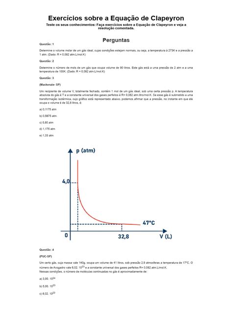 Equação De Clapeyron Exercicios - Exercícios Práticos: Equação de Clapeyron | PDF | Mol (unidade) | Gases