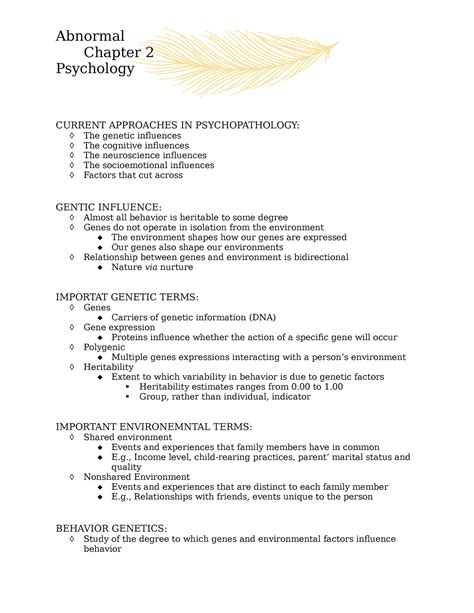 Ch2 Notes Current Approaches In Psychopathology Chapter 2