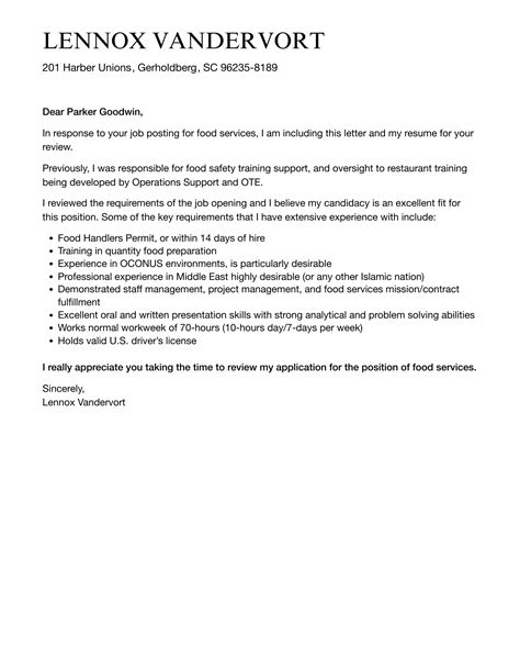 Food Services Cover Letter Velvet Jobs