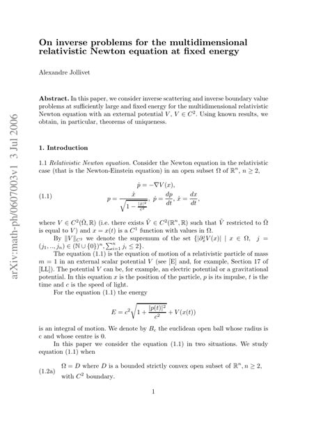 PDF On Inverse Problems For The Multidimensional Relativistic Newton