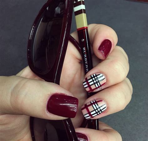 Burgundy/Maroon nails with Burberry plaid accent nails. Fun for fall ...