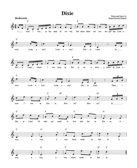 Dixie: Chords, Lyrics, and Sheet Music for C Instruments