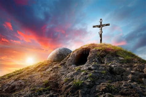 Empty Tomb And Crucifixion At Sunrise Christian Easter Depiction Of