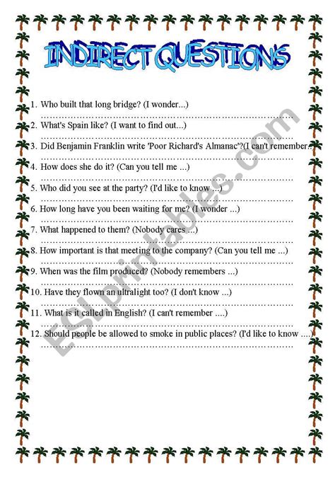 Indirect Questions Worksheet Esl Worksheet By Crescent