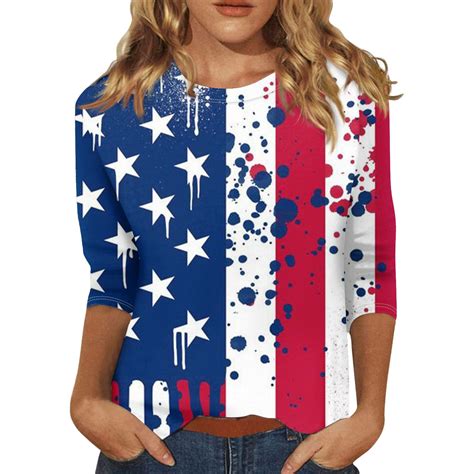 Gipqjk 4th Of July American Flag 34 Sleeve T Shirt For Women Independence Day Summer Usa Flag T