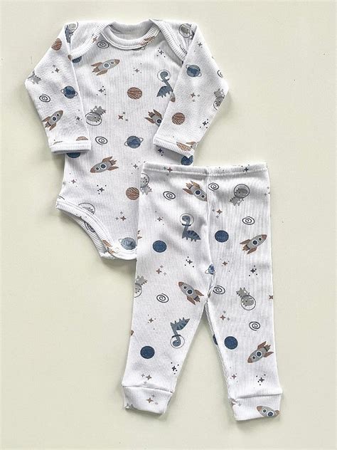 Conjunto Body E Cal A Beb Canelado Dino Astronauta Roupa De Beb Do