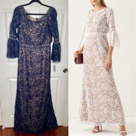 Tadashi Shoji Dresses Nwt Tadashi Shoji Navy Blue Nude Lace Off The Shoulder Maxi Dress Gown