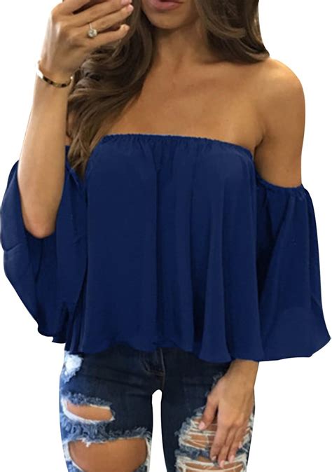 Damen Sommer Schulterfrei Blusen Kurzarm Sexy Tops Chiffon R Schen