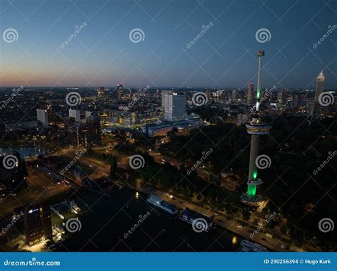 Aerial Drone View Of Skyline Of Rotterdam At Dusk Night Euromast