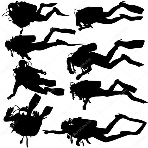 Set Black Silhouette Scuba Divers Vector Illustration Stock Vector