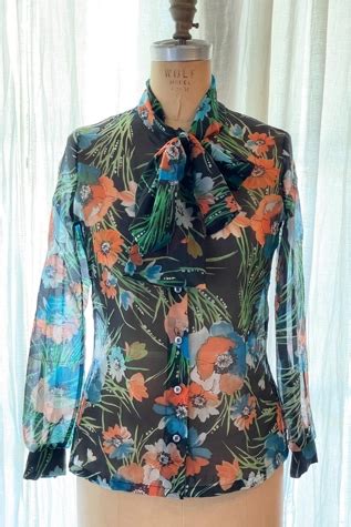 Vintage Black Floral Pussy Bow Blouse Selected By FernMercantile Free