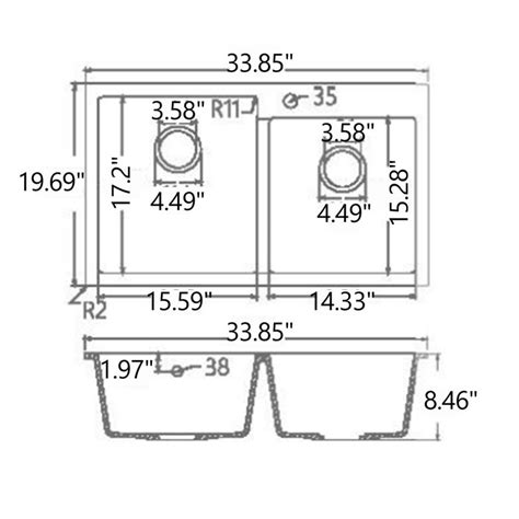 Rbrohant 3385 L Undermount Double Bowl Acrylic Kitchen Sink