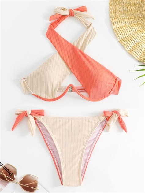 SHEIN Swim SXY Bañador bikini de color combinado con aro con cordón