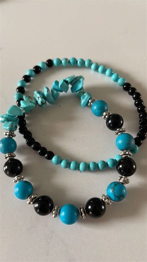 Natural Turquoise Chip Bracelet Set With Obsidian Etsy In 2024