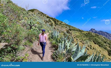 Pico Verde Rear View On Woman On Scenic Hiking Trail Near Masca In