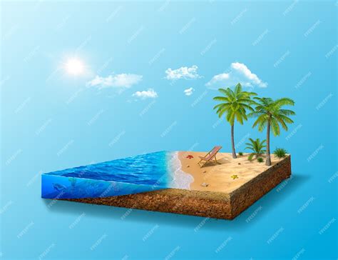 Premium Photo 3d Isometric Piece Of Land With Blue Sea And Sand