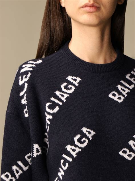 Balenciaga Crewneck Pullover With All Over Logo Blue Sweater