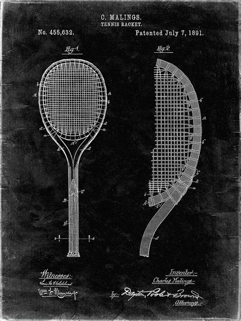 Pp1127 Black Grunge Vintage Tennis Racket 1891 Patent Poster Digital