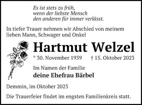 Traueranzeigen Von Hartmut Welzel Trauer Nordkurier