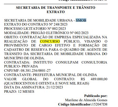 Concurso Semob Olinda Pe Extrato De Contrato Publicado Dire O