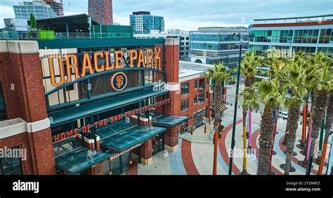 Aerial Oracle Park Home of the San Francisco Giants sign and entrance ...