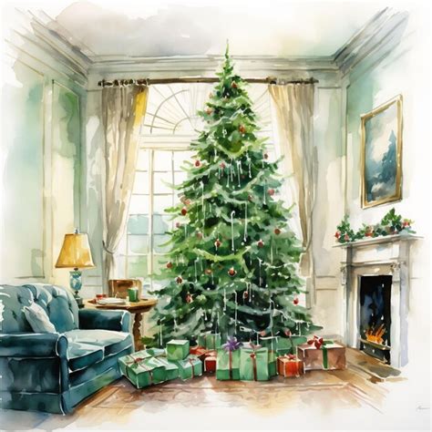 Premium AI Image | a drawing of a christmas tree with a fireplace and a ...