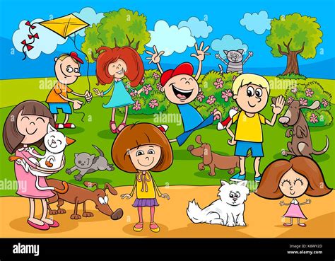 Ilustración de dibujos animados de niños con animales domésticos en el ...