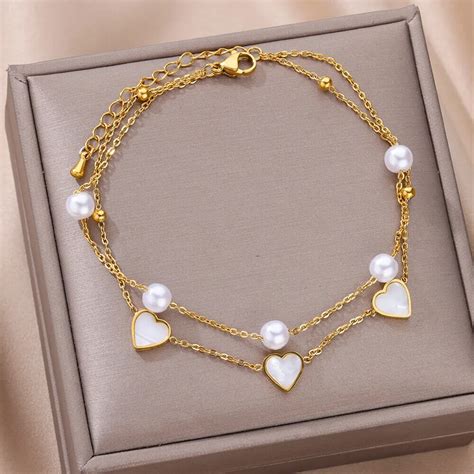 316L Stainless Steel Anklets For Women Imitation Pearl Gold Color Leg